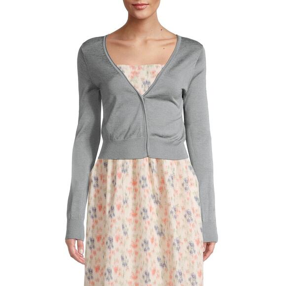 Rebecca Taylor Woman Grey Cotton/Viscose Barely There Knit Crop Cardigan Size L - Picture 1 of 6